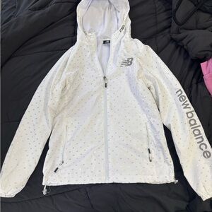 New Balance White and Gray Ski Jacket with Hood and Full-Zip